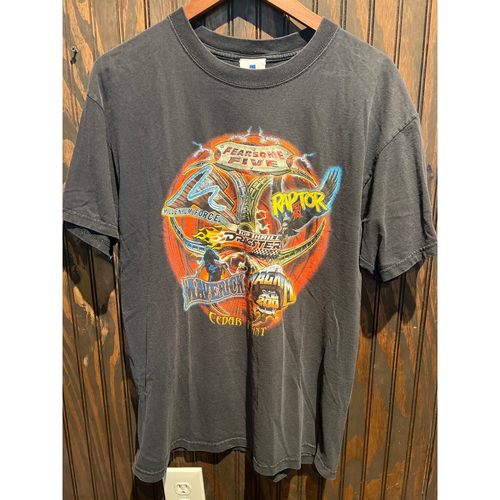 Cedar Point Fearsome Five Roller Coaster Graphic T-Shirt Faded Black Mens L